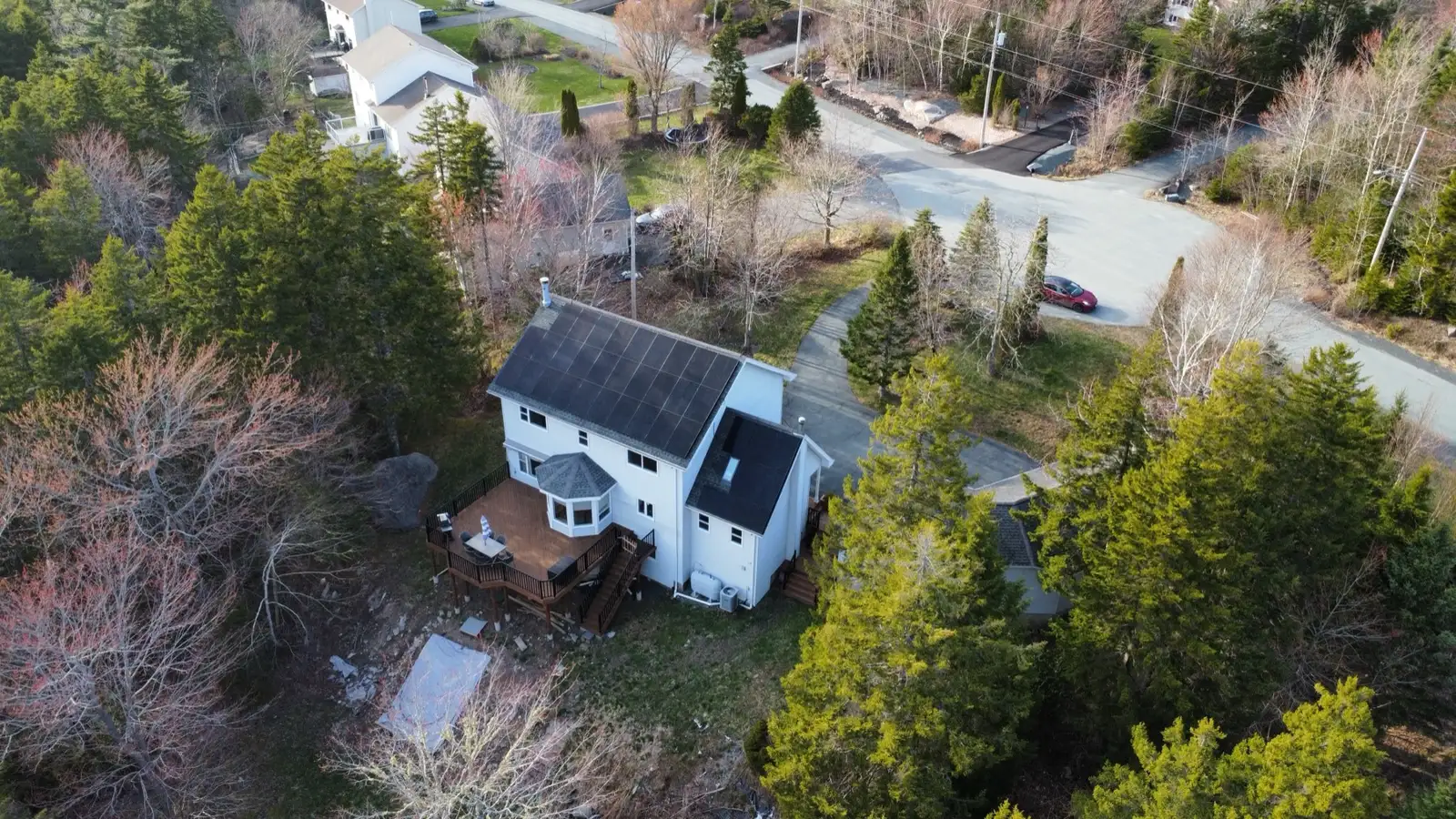 Aerial view of a completed Tri-County Solar residential installation in Hammonds Plains, Nova Scotia